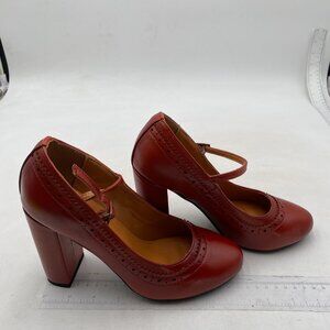FSJ Brown Round Toe Chunky High Heel Mary Jane Pumps with Strap Dress Shoes